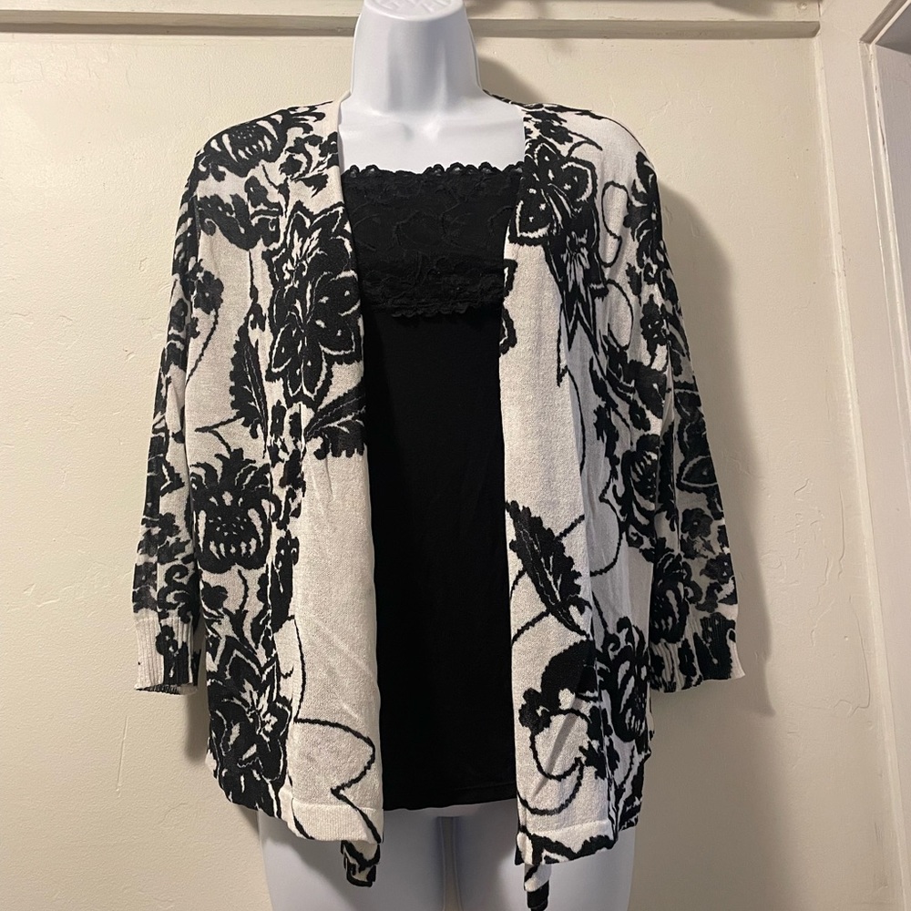 Chico’s  Open Front Black  & Ivory Floral Cardigan